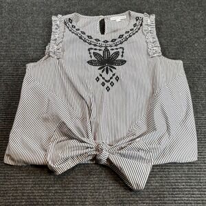 Signature Studio Women Striped Tie Front Sleeveless Top Embroidered Navy White L